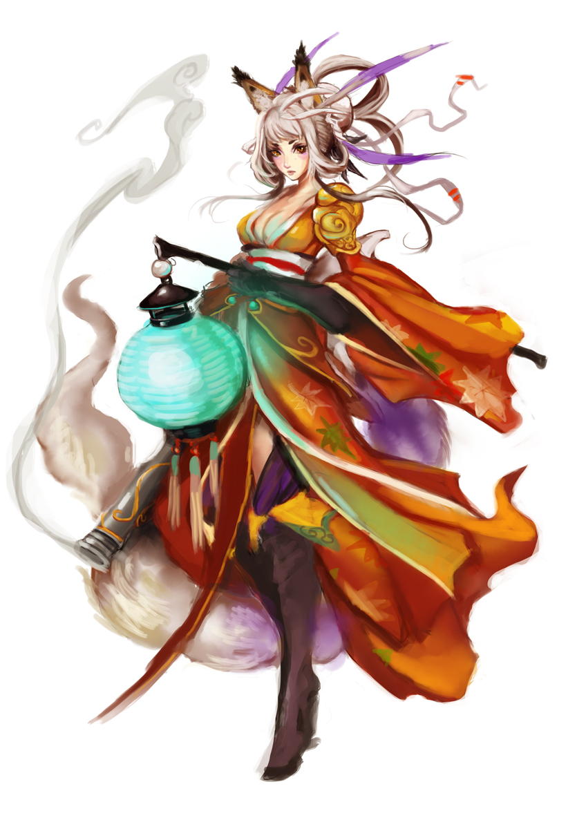 1girl animal_ears breasts cannon character_request cleavage commentary fox_ears fox_tail fusion half_updo highres japanese_clothes kongiku lantern muju oboro_muramasa orange_eyes silver_hair tail