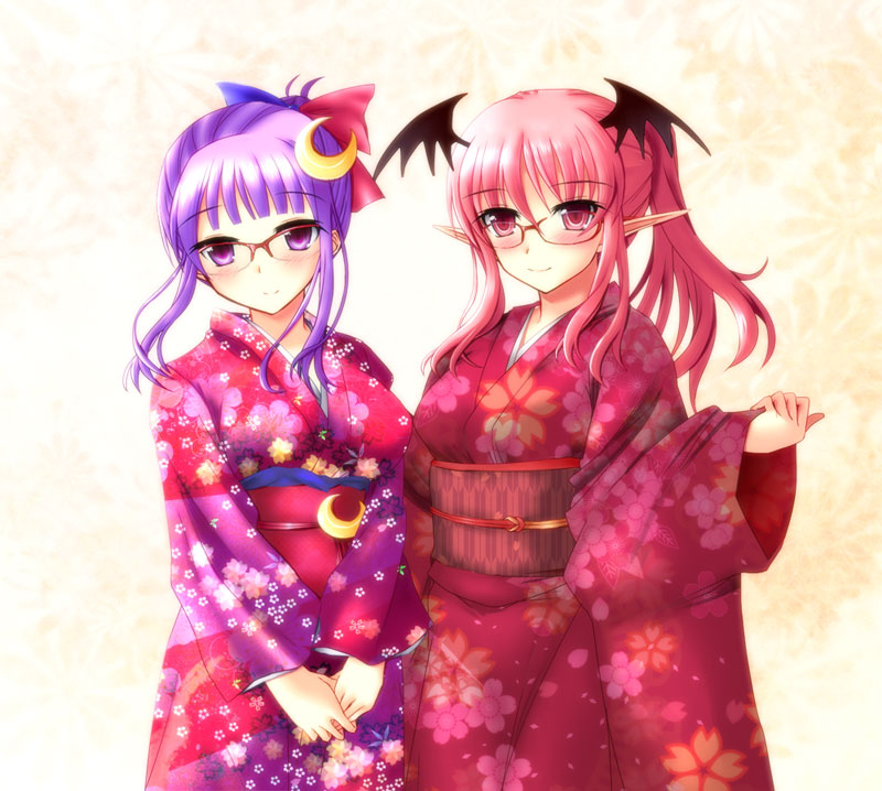 2girls alternate_costume bat_wings bespectacled blush crescent crescent_hair_ornament glasses hair_ornament head_wings japanese_clothes kimono koakuma long_sleeves looking_at_viewer multiple_girls obi patchouli_knowledge pointy_ears purple_hair red_eyes smile touhou violet_eyes wings yumi_(careca398)