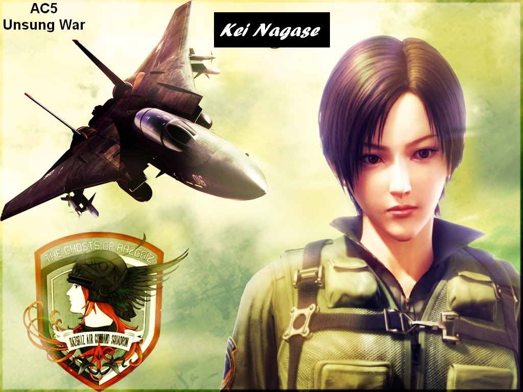 1girl ace_combat ace_combat_5 airplane black_hair brown_eyes character_name emblem f-14 fighter_jet jet kei_nagase pilot pilot_suit short_hair wallpaper