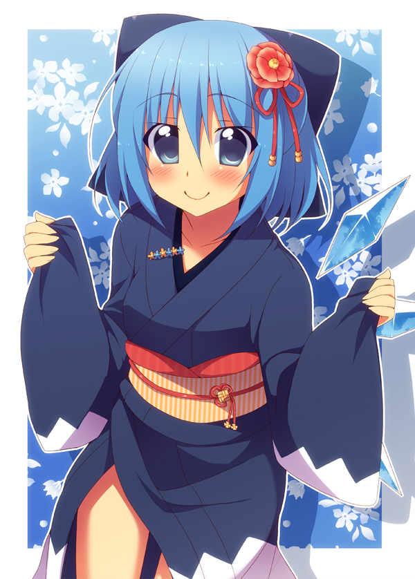 1girl alternate_costume blue_eyes blue_hair blush bow cirno flower hair_bow hair_flower hair_ornament ice ice_wings japanese_clothes kimono long_sleeves looking_at_viewer obi oniku-chan sash smile solo touhou wide_sleeves wings