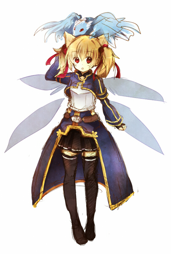1girl animal_ears brown_hair cat_ears fairy_wings fingerless_gloves gloves hanahubuki1991 pina_(sao) red_eyes short_hair short_twintails silica silica_(sao-alo) solo sword_art_online thighhighs twintails wings