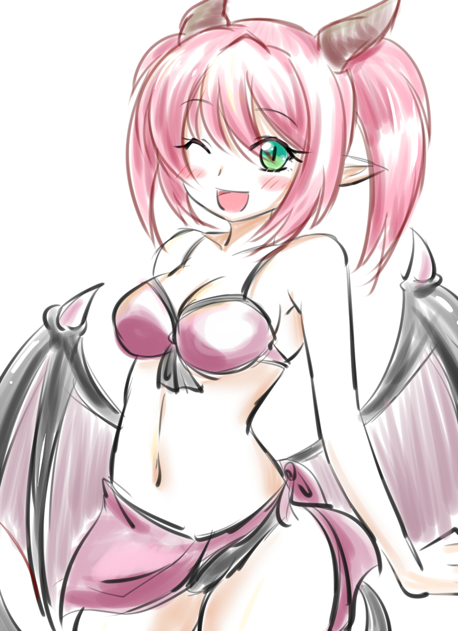 1girl ;) bikini blush_stickers breasts cleavage demon_girl demon_horns demon_wings green_eyes highres horns navel nononet pointy_ears ririmu_tia sarong shingeki_no_bahamut short_twintails slit_pupils solo swimsuit tail twintails wings wink