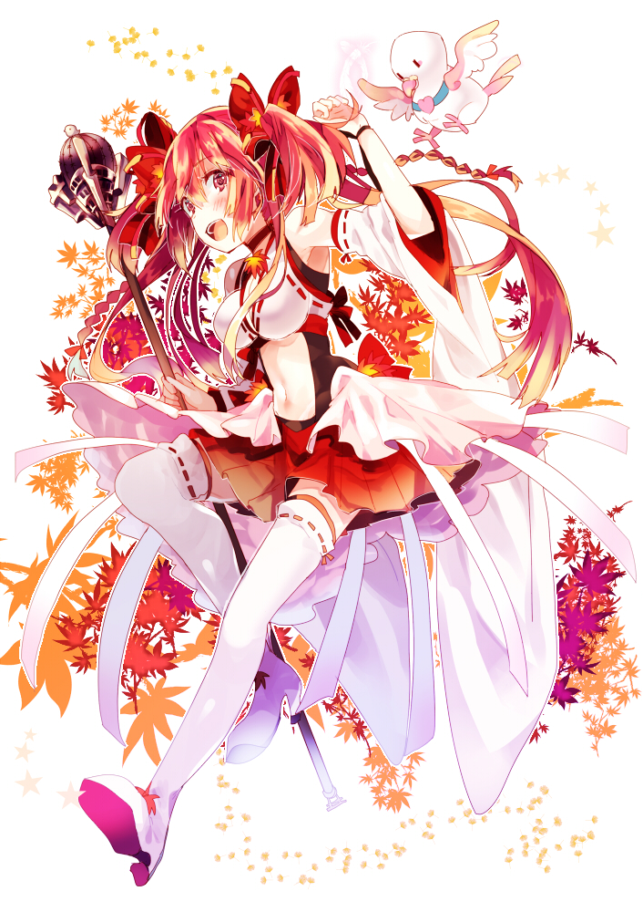 1girl autumn_leaves bird bow choker detached_sleeves dress hair_bow long_hair long_sleeves magical_girl multicolored_dress navel navel_cutout nochita_shin open_mouth original overskirt pink_eyes pink_hair polearm smile solo thighhighs twintails very_long_hair weapon white_legwear wide_sleeves zettai_ryouiki