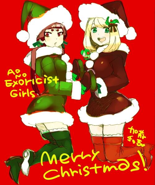 2girls ao_no_exorcist artist_name boots christmas copyright_name gloves green_santa_costume hands_together hat kamiki_izumo katou_kazue kneeling looking_at_viewer merry_christmas moriyama_shiemi multiple_girls red_background santa_boots santa_costume santa_gloves santa_hat simple_background smile thighhighs