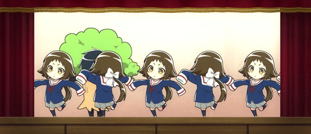 1boy 1girl animated animated_gif black_hair brown_hair clone curtains hair_ribbon mikakunin_de_shinkoukei mitsumine_hakuya mitsumine_mashiro outstretched_arms oversized_clothes ribbon school_uniform screencap short_hair_with_long_locks sleeves_past_wrists spread_arms stage tree_costume yellow_eyes