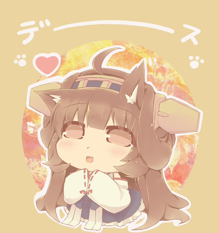 1girl ahoge animal_ears antennae blush brown_eyes brown_hair cat_ears chibi hair_ornament hazuki_ruu kantai_collection kemonomimi_mode kongou_(kantai_collection) long_hair long_sleeves open_mouth paw_print shirt skirt smile solo very_long_hair wide_sleeves