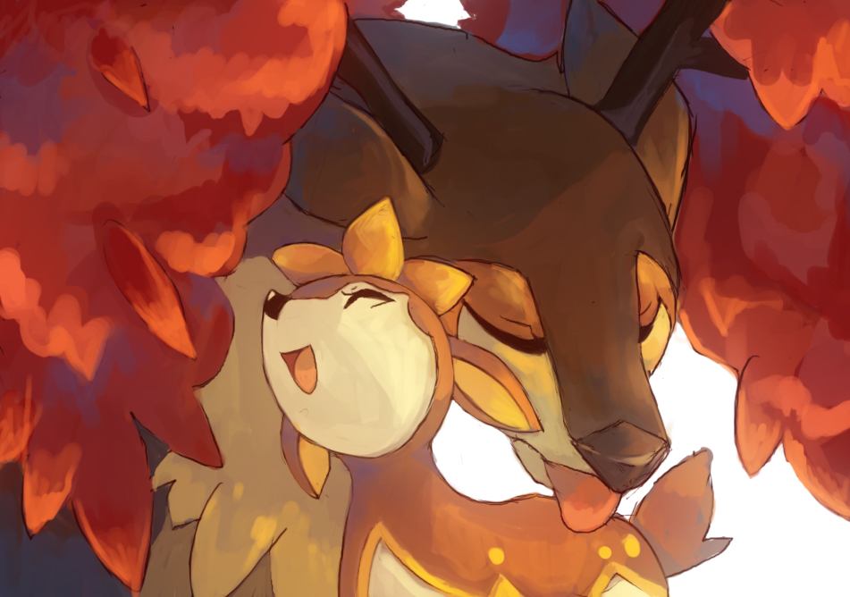 closed_eyes deerling happy licking no_humans pokemon pokemon_(creature) sawsbuck suikuyo