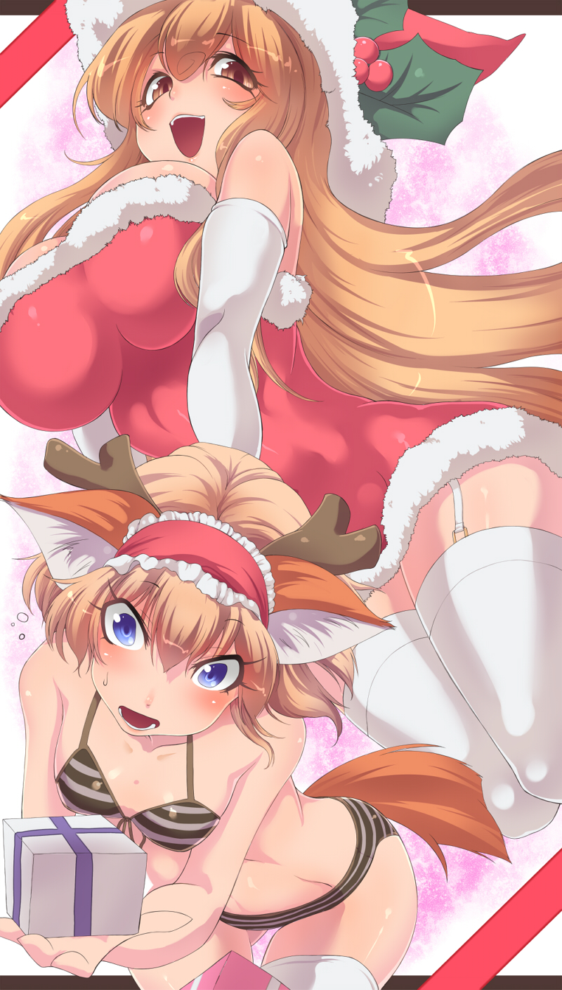 2girls alice_margatroid alternate_costume animal_ears bare_shoulders bikini blonde_hair blue_eyes blush breast_squeeze breasts elbow_gloves fake_animal_ears garter_straps gift gloves hat highres kemonomimi_mode kirisame_marisa large_breasts letterboxed long_hair looking_at_viewer multiple_girls open_mouth outstretched_arm outstretched_hand reindeer_antlers reindeer_ears reindeer_tail santa_costume santa_hat smile striped striped_bikini striped_swimsuit suikamaru sweat swimsuit thighhighs touhou very_long_hair white_gloves white_legwear yellow_eyes zettai_ryouiki