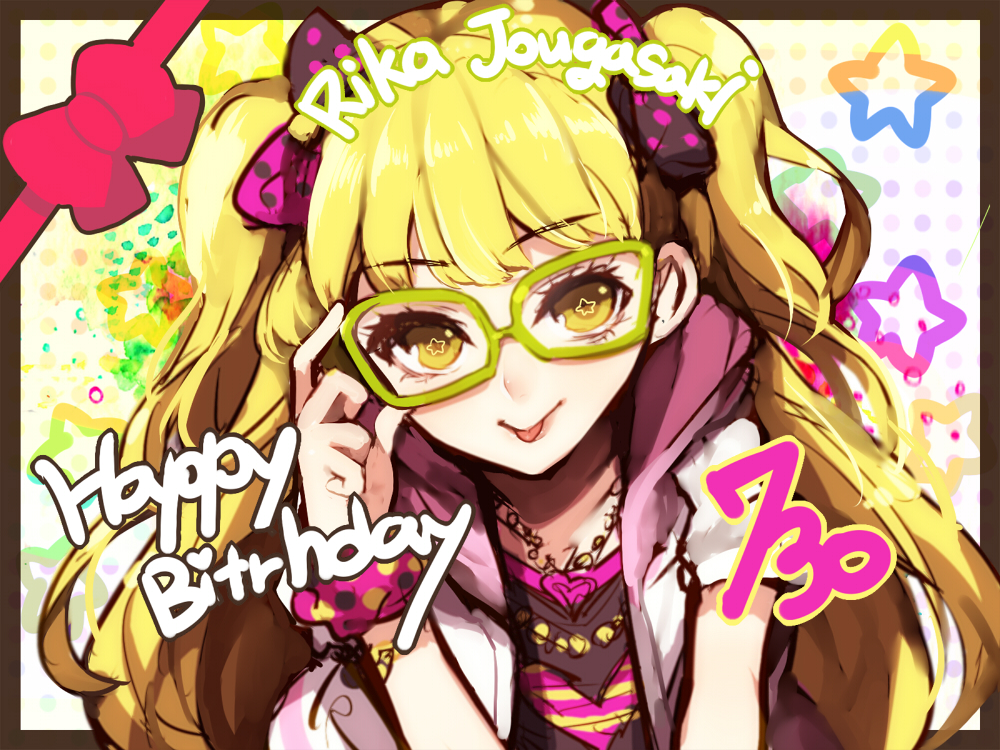 1girl :p adjusting_glasses bespectacled blonde_hair blush glasses green_eyes happy_birthday hitoto hoodie idolmaster idolmaster_cinderella_girls jewelry jougasaki_rika long_hair looking_at_viewer necklace sketch smile solo tongue tongue_out twintails two_side_up wink wristband