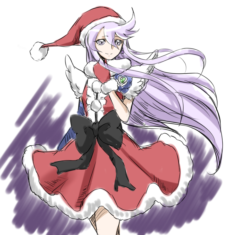 1girl adapted_costume alternate_costume asymmetrical_clothes cure_moonlight dress earrings gacchahero gloves happy hat heartcatch_precure! jewelry looking_at_viewer magical_girl precure purple_hair red_dress ribbon santa_costume santa_hat simple_background sketch smile solo tsukikage_yuri violet_eyes white_background