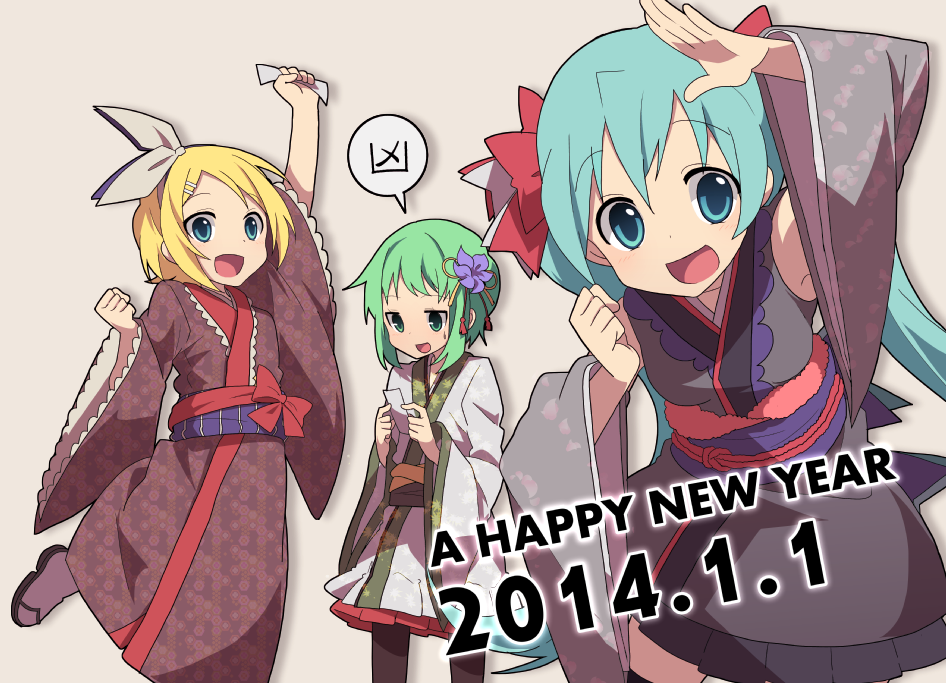 1girl 2014 3girls aqua_eyes aqua_hair aren_(fubuki-46) arm_up dated green_eyes green_hair gumi hair_ornament hair_ribbon hairclip happy_new_year hatsune_miku japanese_clothes kagamine_rin kimono long_hair multiple_girls new_year omikuji pantyhose ribbon short_hair solo translated twintails very_long_hair vocaloid