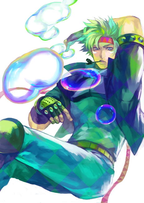 1boy bubble bubble_pipe caesar_anthonio_zeppeli facial_mark feathers fingerless_gloves gloves green green_hair green_jacket hair_feathers headband jacket jojo_no_kimyou_na_bouken oburaato pipe solo