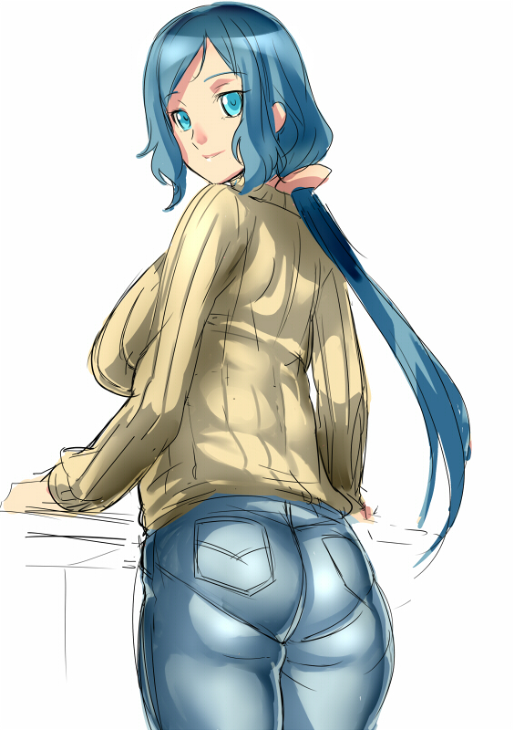 1girl ass breasts dodai_shouji gundam gundam_build_fighters iori_rinko jeans large_breasts looking_at_viewer looking_back pantylines ribbed_sweater simple_background smile solo sweater turtleneck turtleneck_sweater white_background