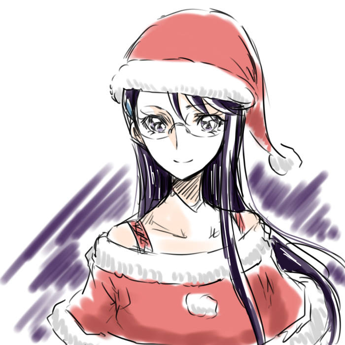 1girl adapted_costume alternate_costume bare_shoulders eyelashes gacchahero glasses hair_ornament hairclip happy hat heartcatch_precure! long_hair looking_at_viewer precure purple_hair santa_costume santa_hat simple_background sketch smile solo tsukikage_yuri violet_eyes white_background