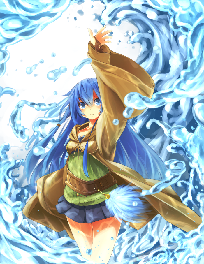 1girl blue_eyes blue_hair breasts duel_monster eria long_hair looking_away miniskirt skirt solo suno-pi water yuu-gi-ou