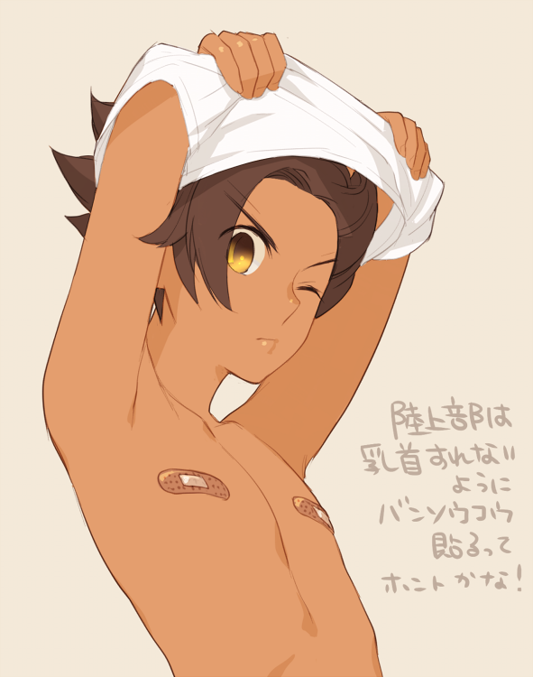 1boy arms_up bandaid bandaids_on_nipples brown_eyes brown_hair bust hs2 inazuma_eleven_(series) inazuma_eleven_go inazuma_eleven_go_galaxy lips male matatagi_hayato simple_background solo translation_request undressing wink