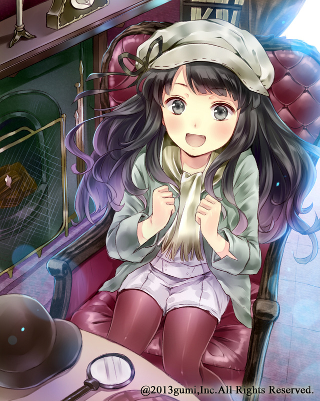 1girl :d armchair black_eyes black_hair cabbie_hat chair clenched_hands fireplace hanekoto hat legwear_under_shorts long_hair magnifying_glass museum open_mouth original pantyhose scarf shorts sitting smile wavy_hair