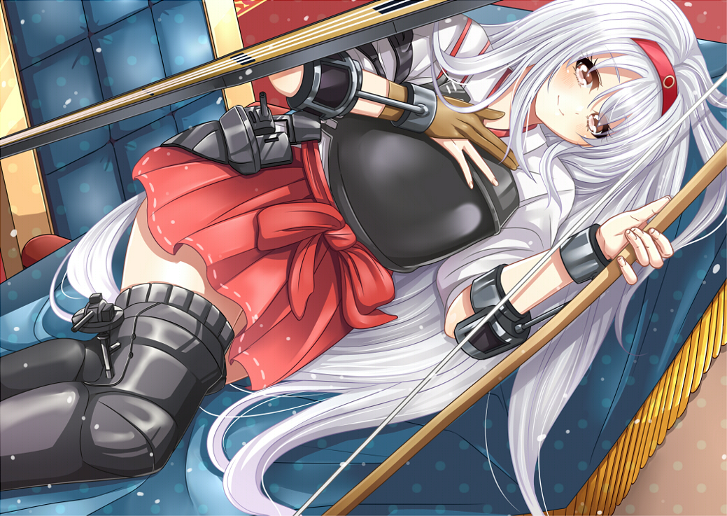 1girl archery arrow blush boots brown_eyes chair desk hairband japanese_clothes juurouta kantai_collection kyuudou long_hair lying muneate personification shoukaku_(kantai_collection) silver_hair single_glove skirt smile solo thigh_boots thighhighs white_hair yugake