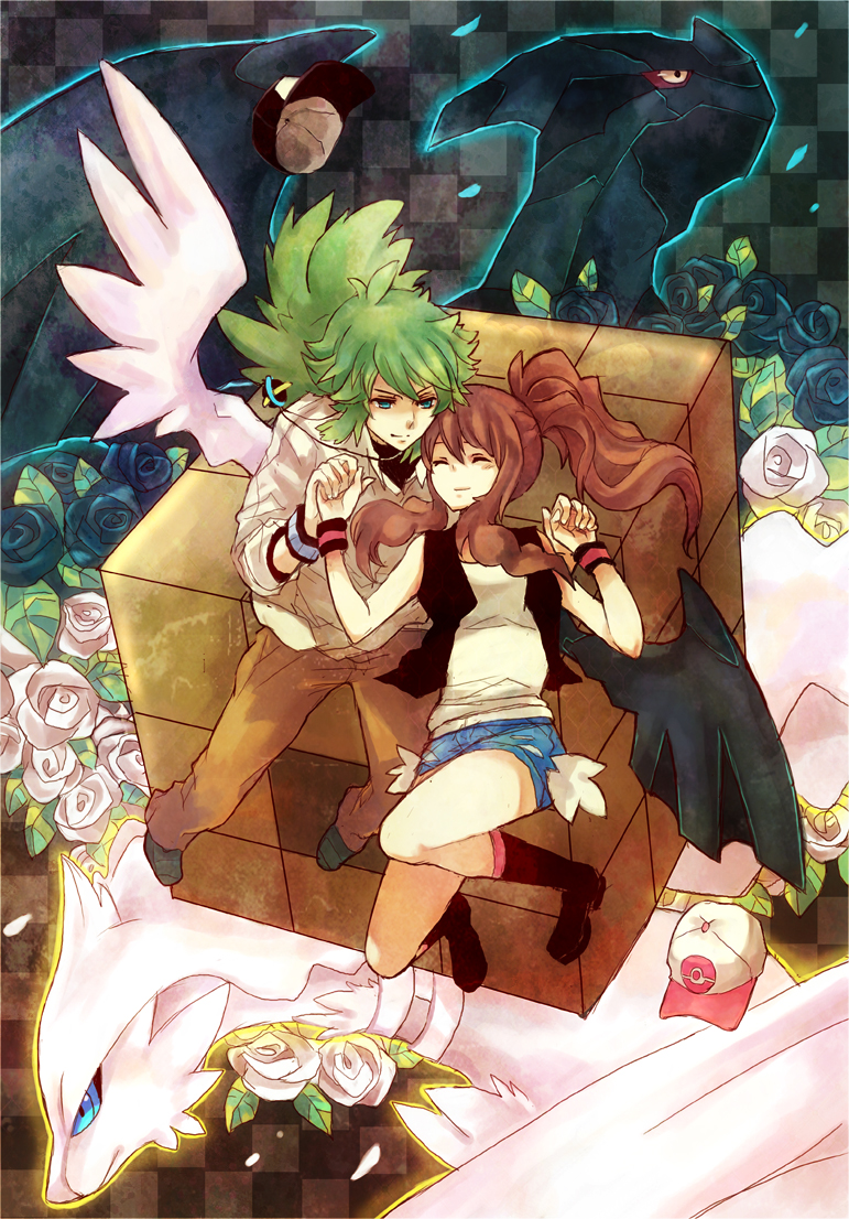 1boy 1girl black_wings brown_hair character_request checkered checkered_background closed_eyes flower green_hair hat hat_removed headwear_removed holding_hands kyurem long_hair n_(pokemon) pokemon pokemon_(creature) pokemon_(game) pokemon_bw reshiram rose suikuyo touko_(pokemon) white_wings wings