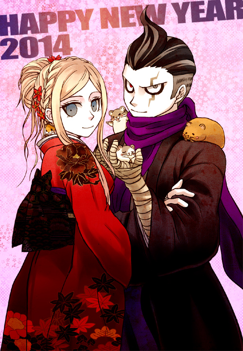 1boy 1girl bandages black_hair blonde_hair braid cham-p dangan_ronpa flower french_braid grey_eyes grey_hair hair_flower hamster heterochromia holding jum-p kimono long_hair lowres maga-g new_year ponytail purple_scarf red_eyes scar scarf short_hair smile sonia_nevermind sun-d super_dangan_ronpa_2 tanaka_gandamu tsukishiro50 two-tone_hair