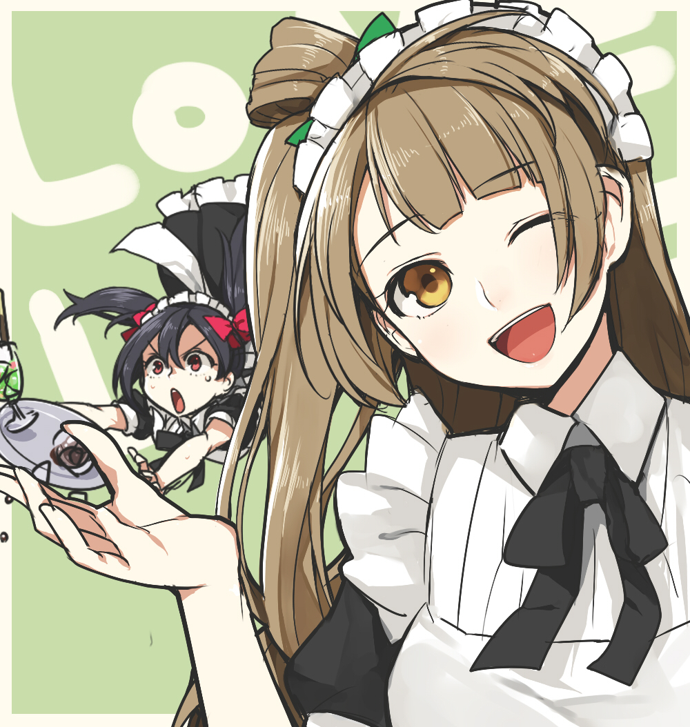 2girls alternate_costume apron black_hair blush bow brown_eyes brown_hair enmaided hair_bow hitoto long_hair looking_at_viewer love_live!_school_idol_project maid maid_headdress minami_kotori multiple_girls open_mouth red_eyes short_hair smile spilling tray tripping twintails wink yazawa_nico