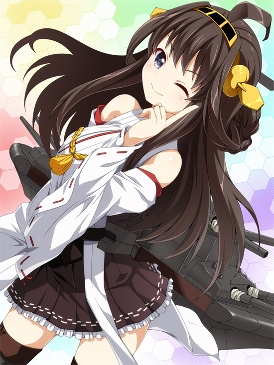 1girl bare_shoulders black_legwear blue_eyes blush breasts brown_hair cannon detached_sleeves double_bun gotou_jin hair_ornament hairband headgear japanese_clothes kantai_collection kongou_(kantai_collection) long_hair nontraditional_miko personification skirt smile solo thighhighs turret wink