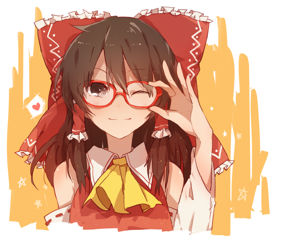 1girl bespectacled brown_eyes brown_hair glasses hakurei_reimu long_hair shuzi smile solo touhou