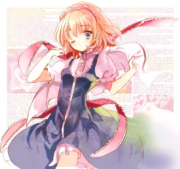 1girl adapted_costume alice_margatroid alternate_costume background_text blonde_hair blue_dress blue_eyes capelet cierra_(ra-bit) dress flower frills hairband lolita_hairband looking_at_viewer puffy_sleeves rose shirt short_hair short_sleeves solo tape text touhou white_shirt wink