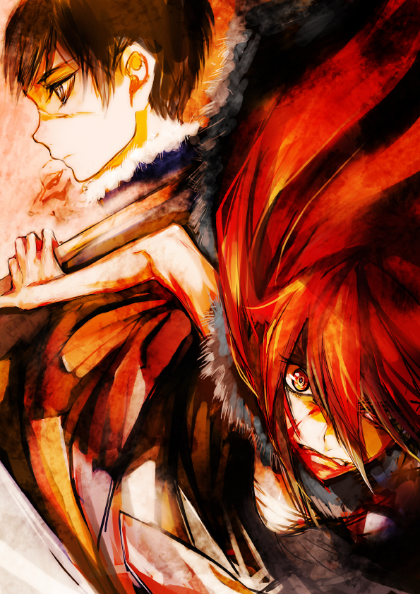 1boy 1girl blood fur long_hair red_eyes redhead sarashi scar shut_hell shut_hell_(character) tima weapon yurul