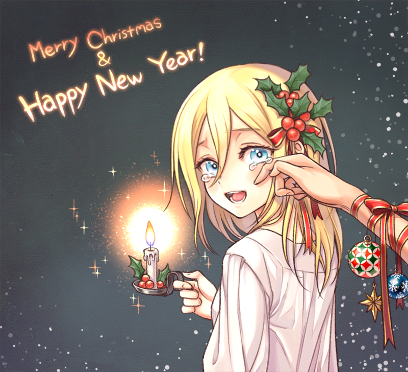 1girl berry blue_eyes candle christa_renz christmas christmas_ornaments hair_between_eyes hair_ornament hair_ribbon happy_new_year looking_back merry_christmas open_mouth ribbon shingeki_no_kyojin short_hair smile sparkle tanpi tears wiping_tears