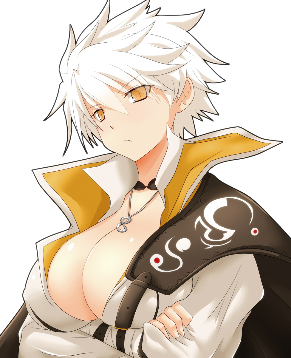 1girl arms_under_breasts breasts cleavage crossed_arms eyebrows eyebrows_visible_through_hair eyelashes eyelashes_visible_through_hair eyes eyes_visible_through_hair highres huge_breasts jewelry looking_at_viewer miyabi_(senran_kagura) necklace senran_kagura short_hair solo spiked_hair spiky_hair watarui white_background white_hair yellow_eyes