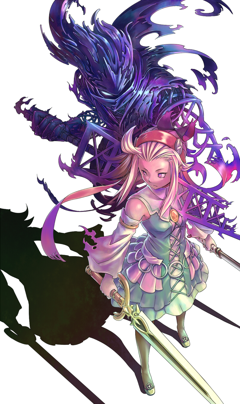 1girl armor bare_shoulders blonde_hair blue_eyes bow bravely_default:_flying_fairy brooch detached_sleeves dissolving dress dual_wielding edea_lee from_above gauntlets glowing glowing_eye hair_bow hairband helmet highres jewelry katana long_hair looking_away pantyhose payot serious shadow summoning susano-o sword torn_clothes weapon
