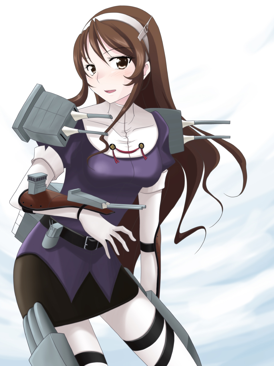 1girl ashigara_(kantai_collection) black_hair blush breasts brown_eyes brown_hair cannon elbow_gloves gloves hair_ornament hairband highres kantai_collection long_hair open_mouth pantyhose personification skirt solo tomcat torpedo turret white_legwear