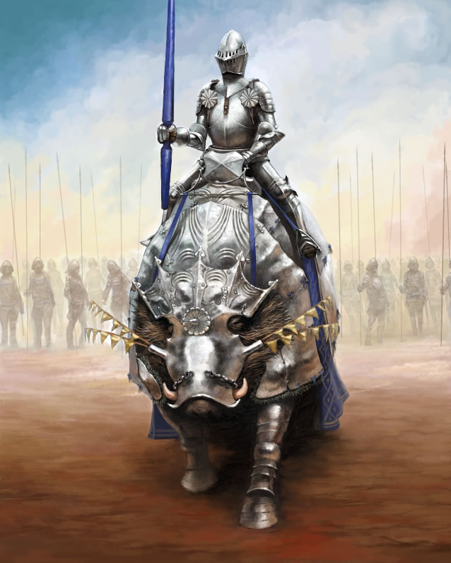 armor commentary_request full_armor gauntlets gloves helmet knight koji_(painterfan) lance original polearm riding soldier spear weapon wild_boar