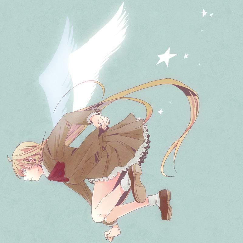 1girl amatsuka_megumi angel_wings blazer blonde_hair long_hair petticoat pleated_skirt sakanahen school_uniform simple_background skirt socks solo star tenshi_na_konamaiki very_long_hair wings