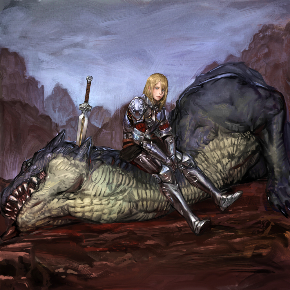 12v 1girl armor blonde_hair death dragon faux_traditional_media full_body original sitting sword weapon
