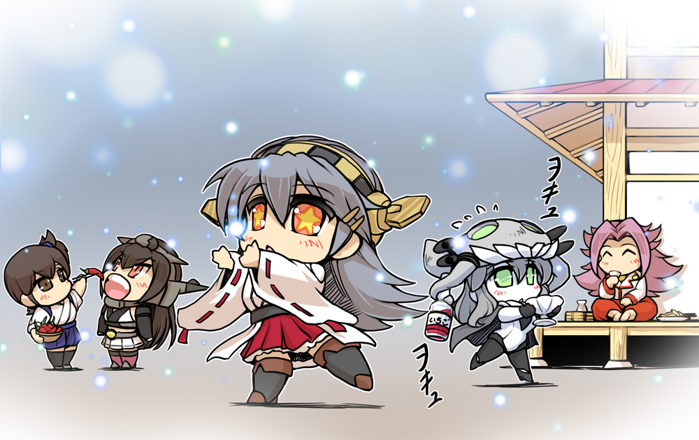 6+girls alcohol bare_shoulders black_hair bodysuit brown_hair cape chibi chili detached_sleeves hairband haruna_(kantai_collection) hisahiko japanese_clothes jun'you_(kantai_collection) kaga_(kantai_collection) kantai_collection long_hair multiple_girls nagato_(kantai_collection) open_mouth pale_skin personification purple_hair red_eyes sake shinkaisei-kan side_ponytail silver_hair snowing star star-shaped_pupils symbol-shaped_pupils thighhighs wo-class_aircraft_carrier