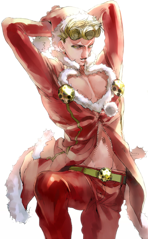 1boy blonde_hair fur_trim giorno_giovanna harurie hat jojo_no_kimyou_na_bouken pose santa_hat solo