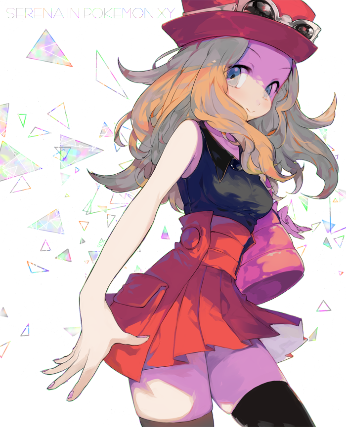 1girl bag black_legwear blonde_hair blue_eyes character_name copyright_name gj handbag hat long_hair looking_at_viewer nail_polish pleated_skirt pokemon pokemon_(game) pokemon_xy porkpie_hat serena_(pokemon) skirt sleeveless sleeveless_shirt smile solo sunglasses sunglasses_on_head thighhighs wind zettai_ryouiki