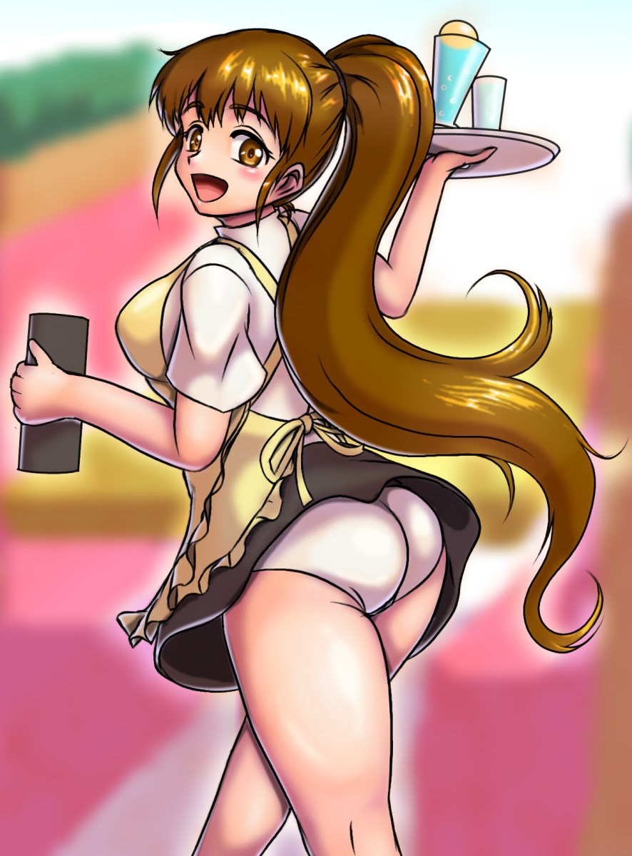 1girl apron ass breasts brown_eyes brown_hair drink highres long_hair open_mouth orizen ponytail skirt smile solo taneshima_popura tray waitress working!!