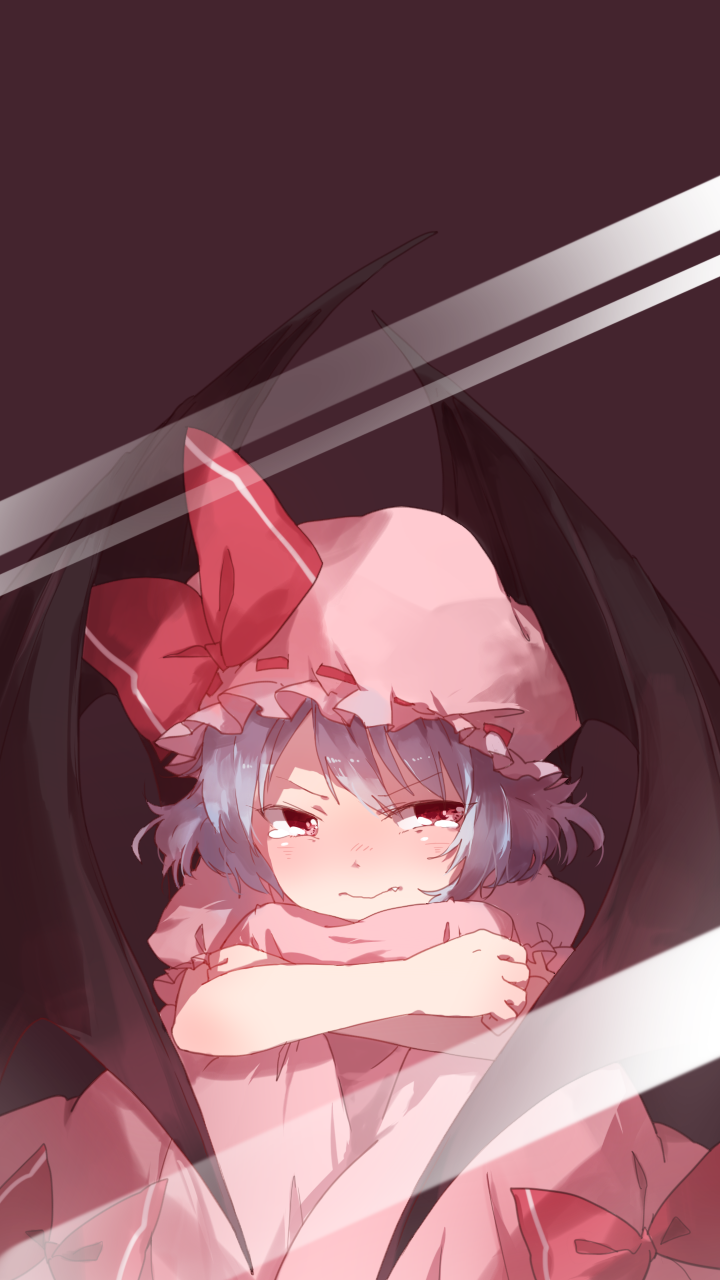 1girl against_glass bat_wings fang_out hat hat_ribbon highres knees_to_chest lavender_hair leg_hug looking_at_viewer mob_cap pout puffy_short_sleeves puffy_sleeves purple_background red_eyes remilia_scarlet ribbon short_hair short_sleeves shuzi sitting skirt skirt_set solo tears touhou wings