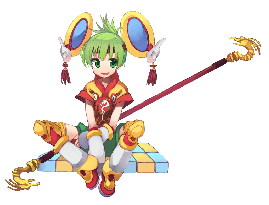 1girl detached_sleeves dragon_kid elbow_gloves gloves green_eyes green_hair huang_baoling looking_at_viewer maroyaka51 open_mouth polearm short_hair shorts simple_background sitting solo thighhighs tiger_&amp;_bunny weapon white_background