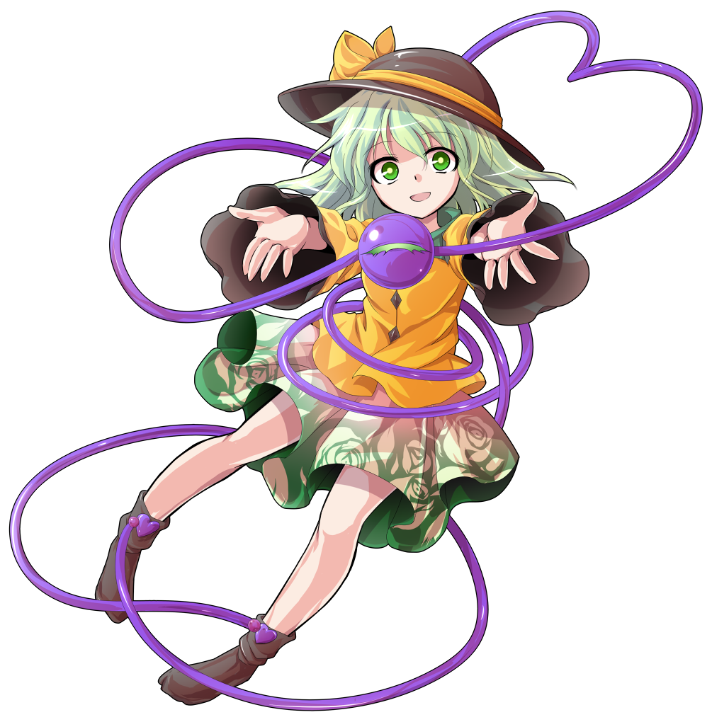 1girl alphes_(style) boots dairi eyeball floral_print full_body green_eyes green_hair hat hat_ribbon heart heart_of_string komeiji_koishi long_sleeves looking_at_viewer open_mouth outstretched_arms parody ribbon shirt short_hair simple_background skirt smile solo string style_parody third_eye touhou white_background wide_sleeves