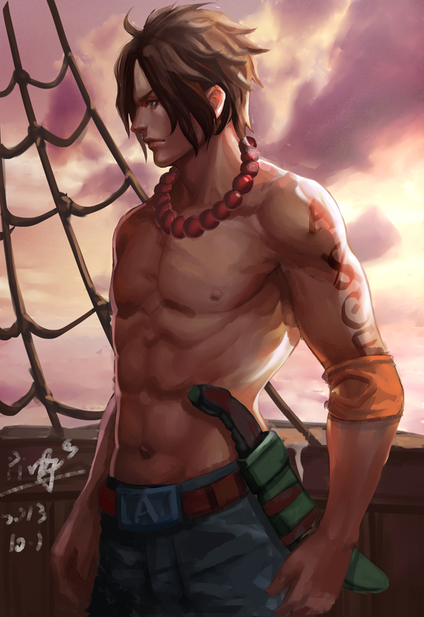 1boy black_hair buckle dated elbow_pads jewelry knife male navel necklace nipples one_piece ping_(caoyanping198793) portgas_d_ace sheath sheathed ship shirtless short_hair signature solo