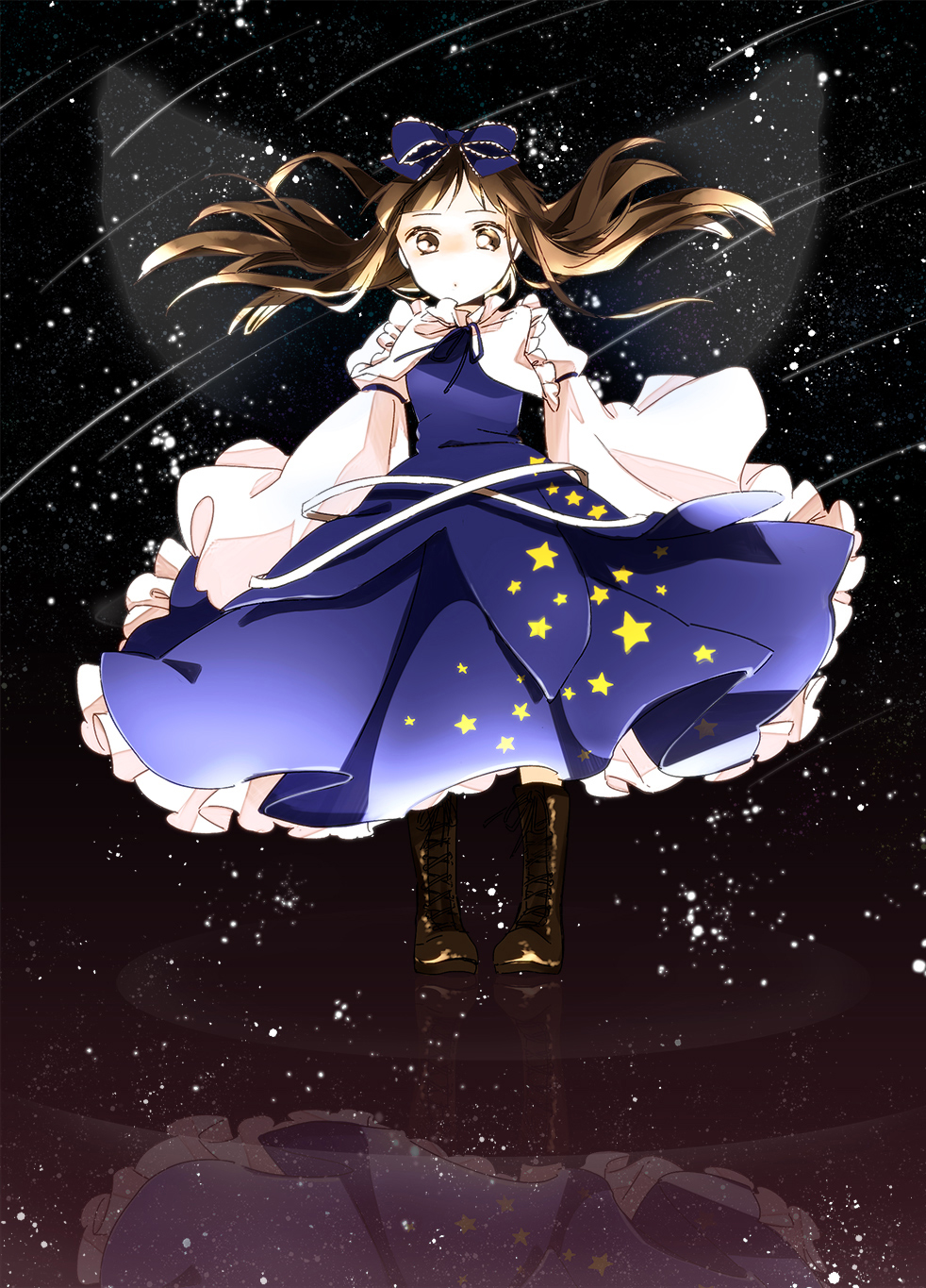 1girl blue_dress boots bow brown_eyes brown_hair capelet cross-laced_footwear dress fairy_wings hair_bow highres lace-up_boots long_hair long_sleeves reflection revision shirt solo star star_sapphire touhou wide_sleeves wind wings yonu_(yonurime)