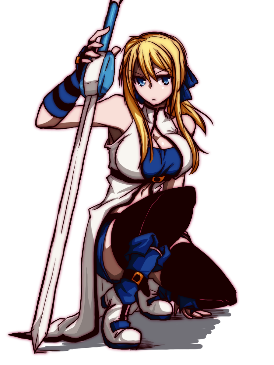 1girl artist_request black_legwear blonde_hair blue_eyes breasts cleavage cleavage_cutout fingerless_gloves genderswap gloves guilty_gear hair_ribbon highres ky_kiske large_breasts long_hair navel ponytail ribbon solo squatting sword thighhighs weapon