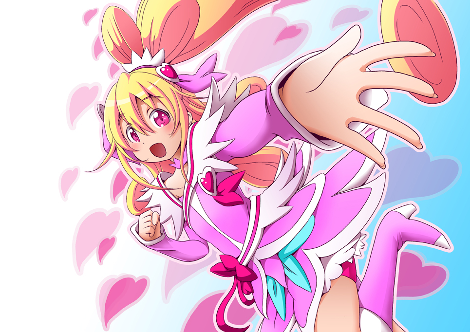 1girl :d aida_mana arm_warmers bike_shorts blonde_hair boots bow choker cure_heart curly_hair dokidoki!_precure hair_ornament half_updo heart heart_background heart_hair_ornament kangakuraku12 knee_boots long_hair magical_girl open_mouth outstretched_hand pink_eyes ponytail precure ribbon shorts_under_skirt skirt smile solo