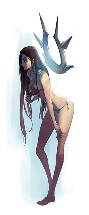 1girl artist_request bare_shoulders bikini black_hair breasts irelia large_breasts league_of_legends legs long_hair long_legs side-tie_bikini solo swimsuit very_long_hair