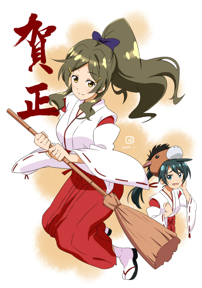 2girls alternate_hairstyle broom brown_eyes brown_hair green_eyes green_hair horse_head japanese_clothes kueru long_hair miko multiple_girls new_year ponytail saegusa_wakaba shinomiya_himawari vividred_operation