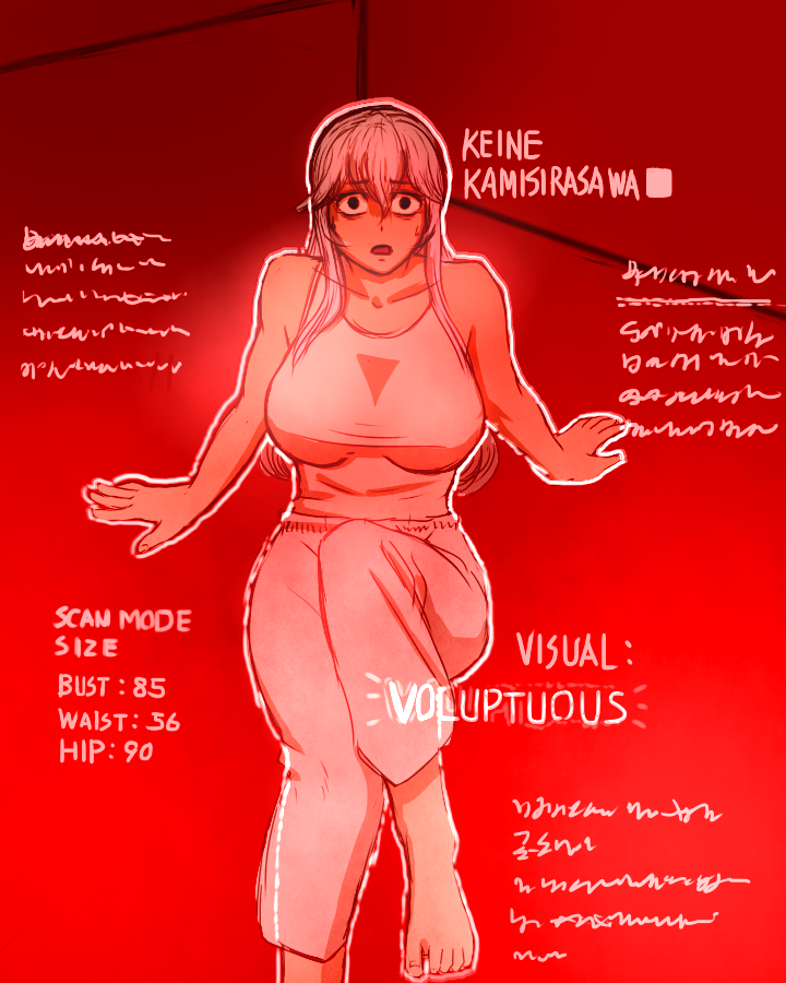 1girl barefoot breasts comic kamishirasawa_keine large_breasts long_hair measurements parody pov solo taikyokuturugi tank_top terminator_2:_judgement_day text touhou track_pants